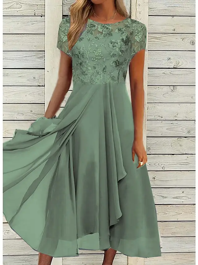 Women's Party Dress Swing Dress Midi Dress Green Light Grey Short Sleeve Embroidery Ruched Spring Summer Crew Neck Mature Party Wedding Guest 2023 S M L XL XXL 3XL
