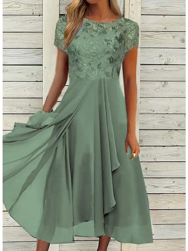 Women's Party Dress Swing Dress Midi Dress Green Light Grey Short Sleeve Embroidery Ruched Spring Summer Crew Neck Mature Party Wedding Guest 2023 S M L XL XXL 3XL