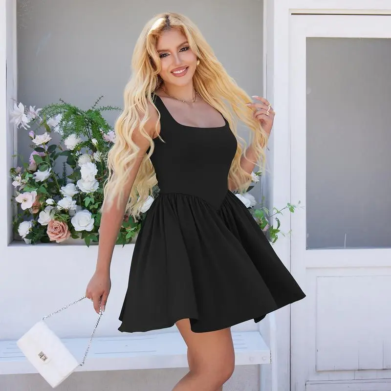 Women's Summer Sleeveless Square Neck A-line Ruffle Hem Mini Tank Dress With Pockets