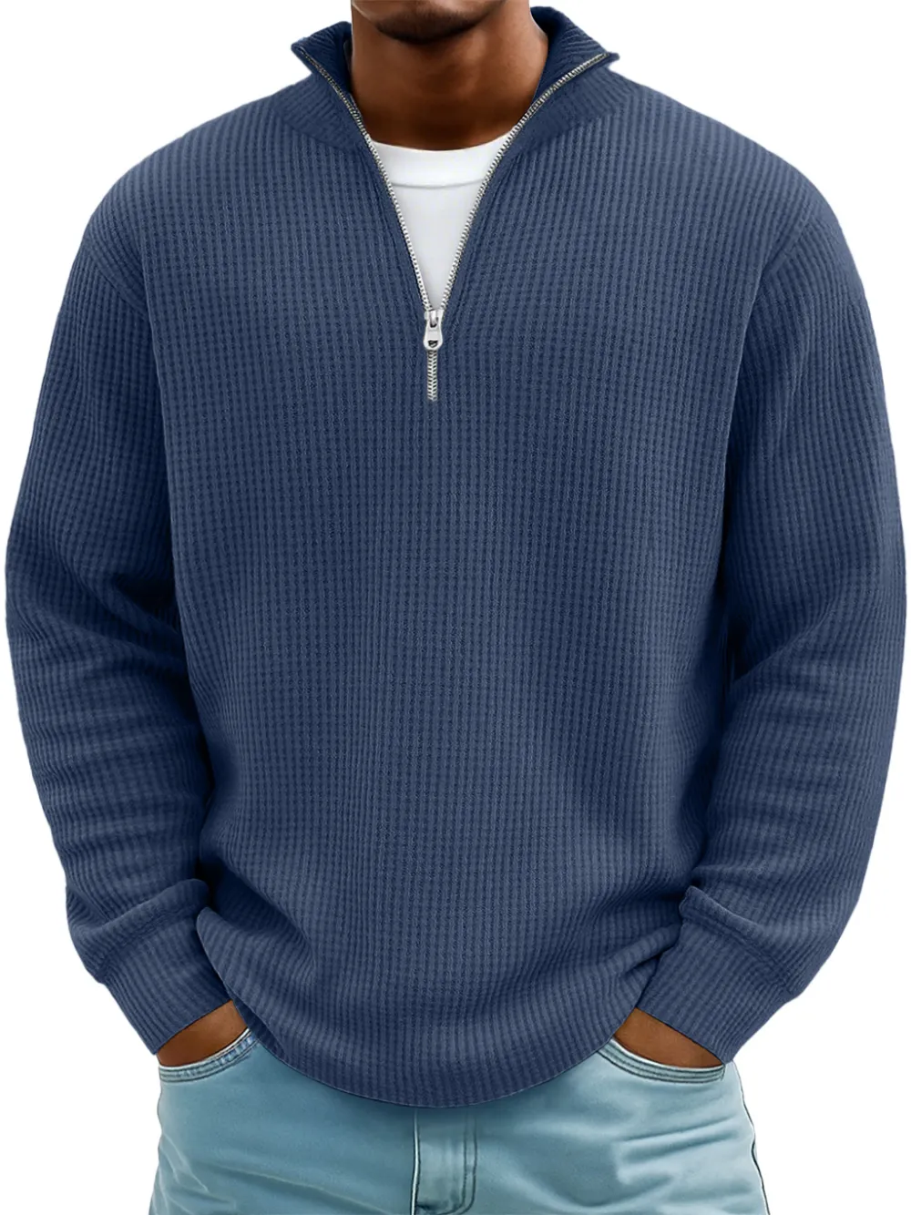 Men's Casual Simple Breathable Fabric Stand Collar Zipper Long Sleeve T-shirt