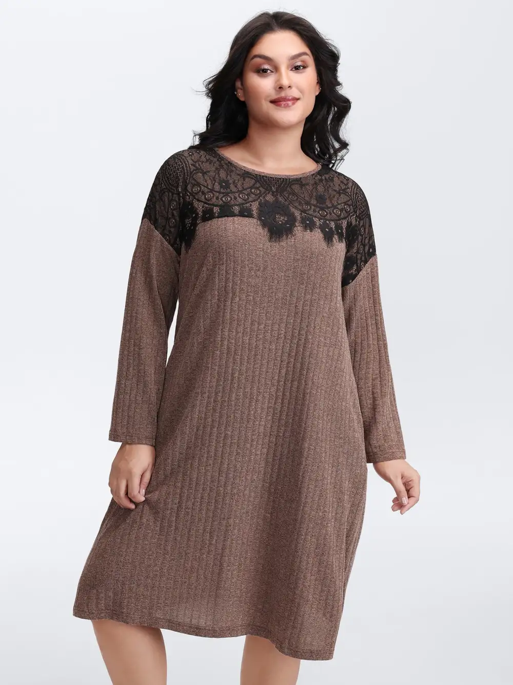 Heather Lace Ribbed Pockets Midi Dress