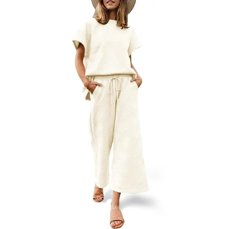 Women's 2-Piece Knit Loungewear Set – Short Sleeve Top & Cropped Wide Leg Pants