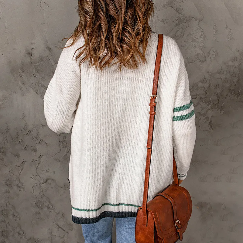 Fashionable Casual Contrast Stripe Sweater Cardigan