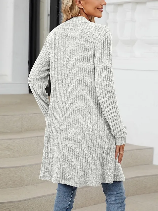 Women's Cardigan Open Front Knit Polyester Pocket Spring Fall Regular Daily Daily Long Sleeve Solid Color