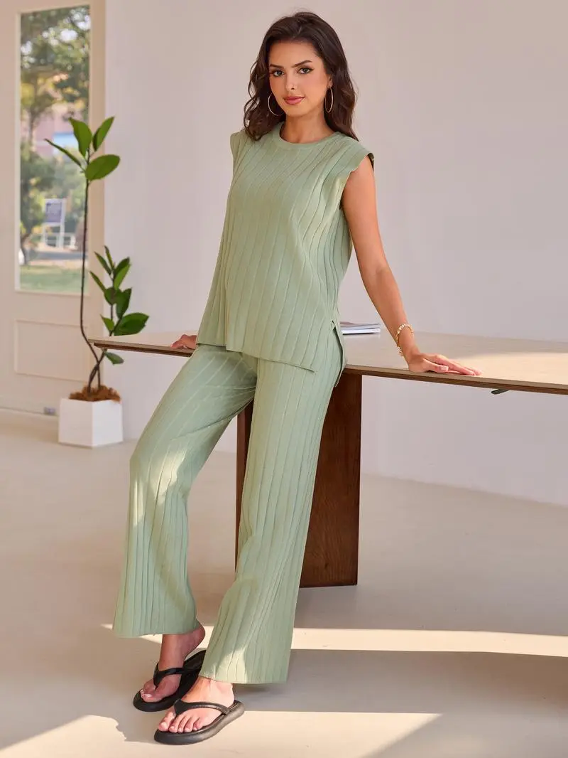 Women's 2-piece summer knit lounge set: short-sleeve pullover + high-waisted wide-leg pants.