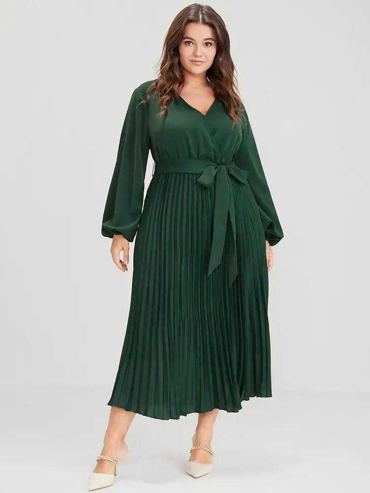 Solid Lantern Sleeve Belted Pleated Wrap Dress
