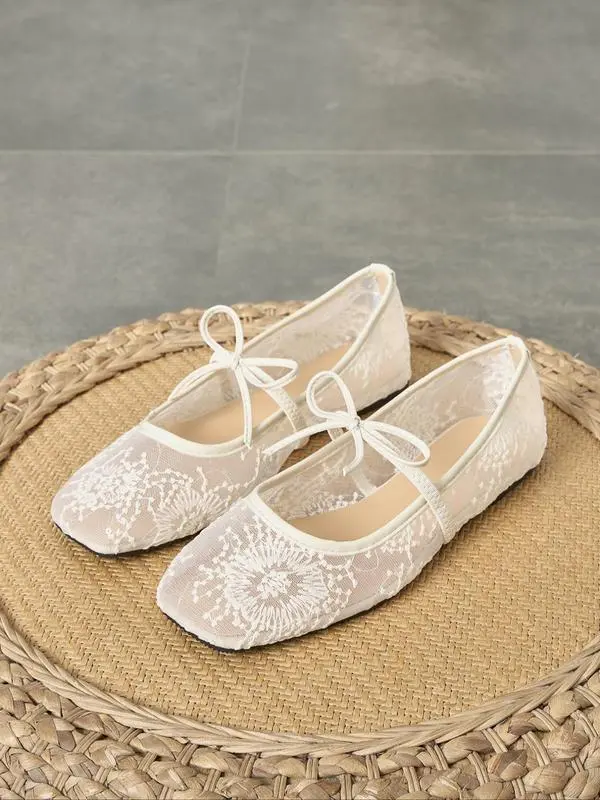 Women's Elegant Lace Mesh Ballet Flats – Square Toe, Lightweight & Breathable