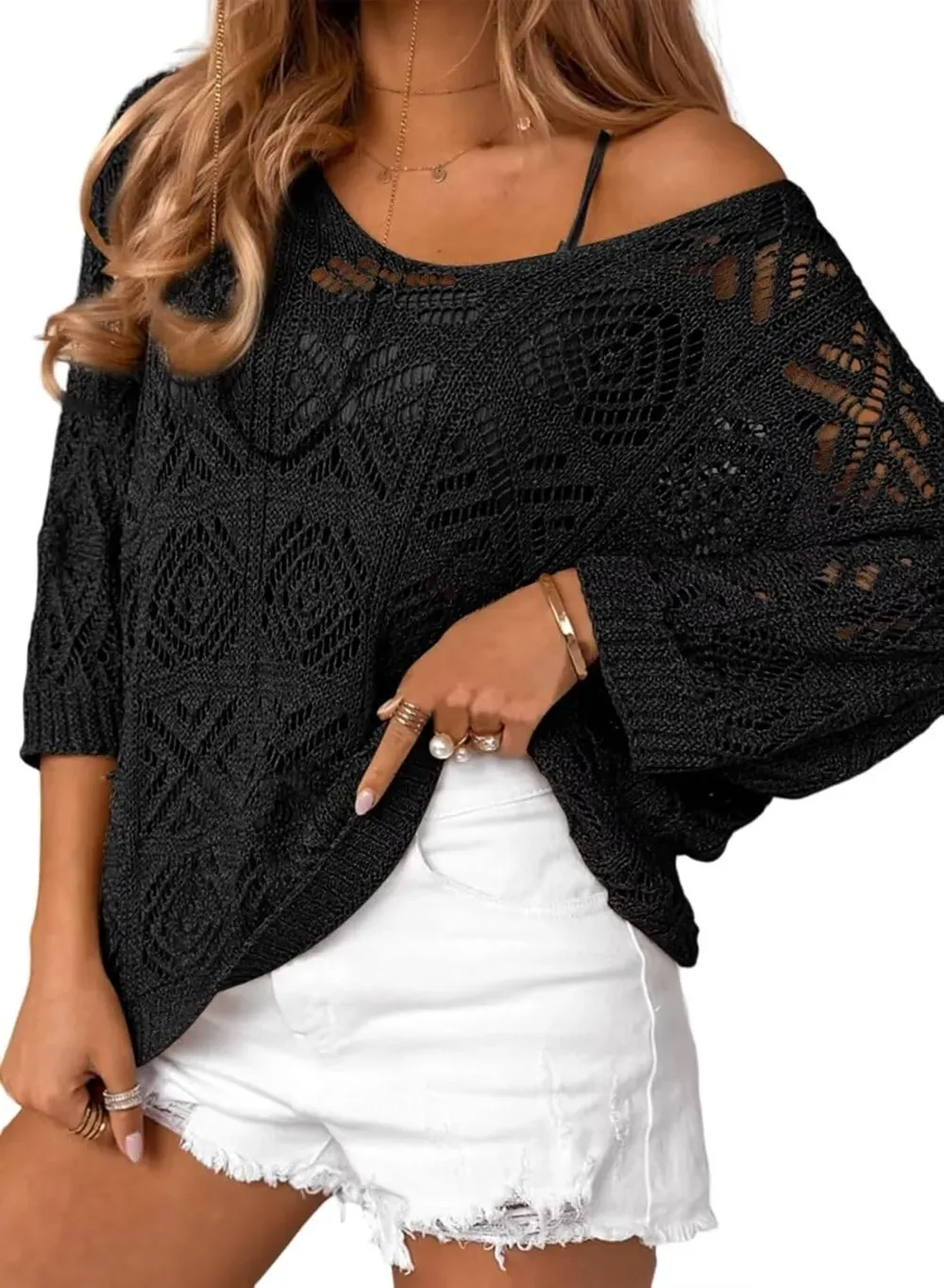 ✨Women's 2025 Spring Summer Crochet Hollow Out Pullover Off Shoulder Top