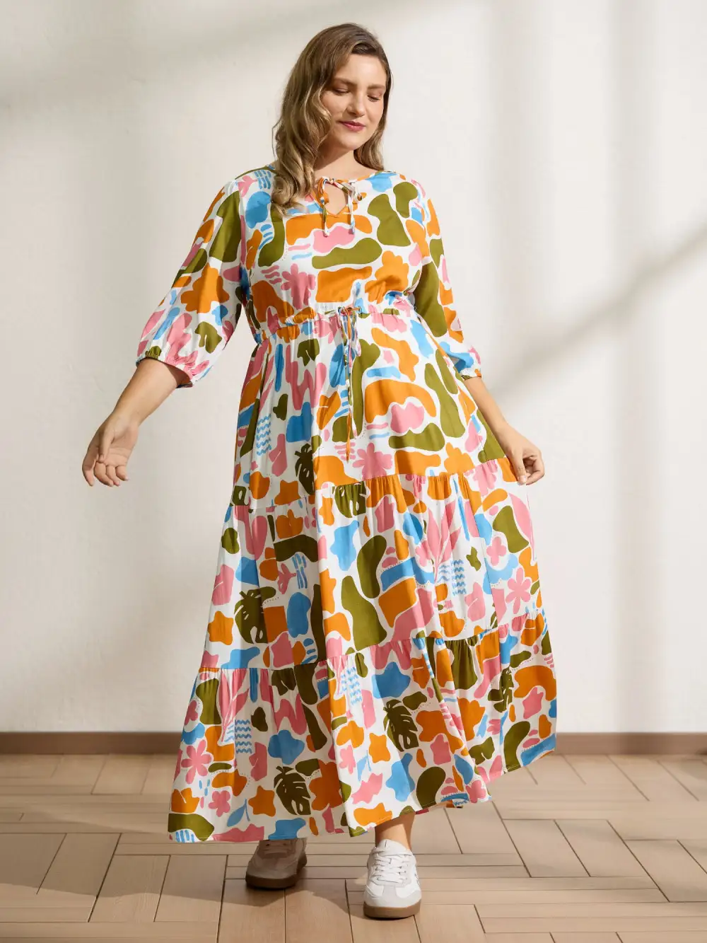 Abstract Print Neck-Tie Pockets Maxi Dress