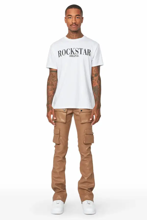 Khaza Tan Faux Leather Stacked Flare Jean