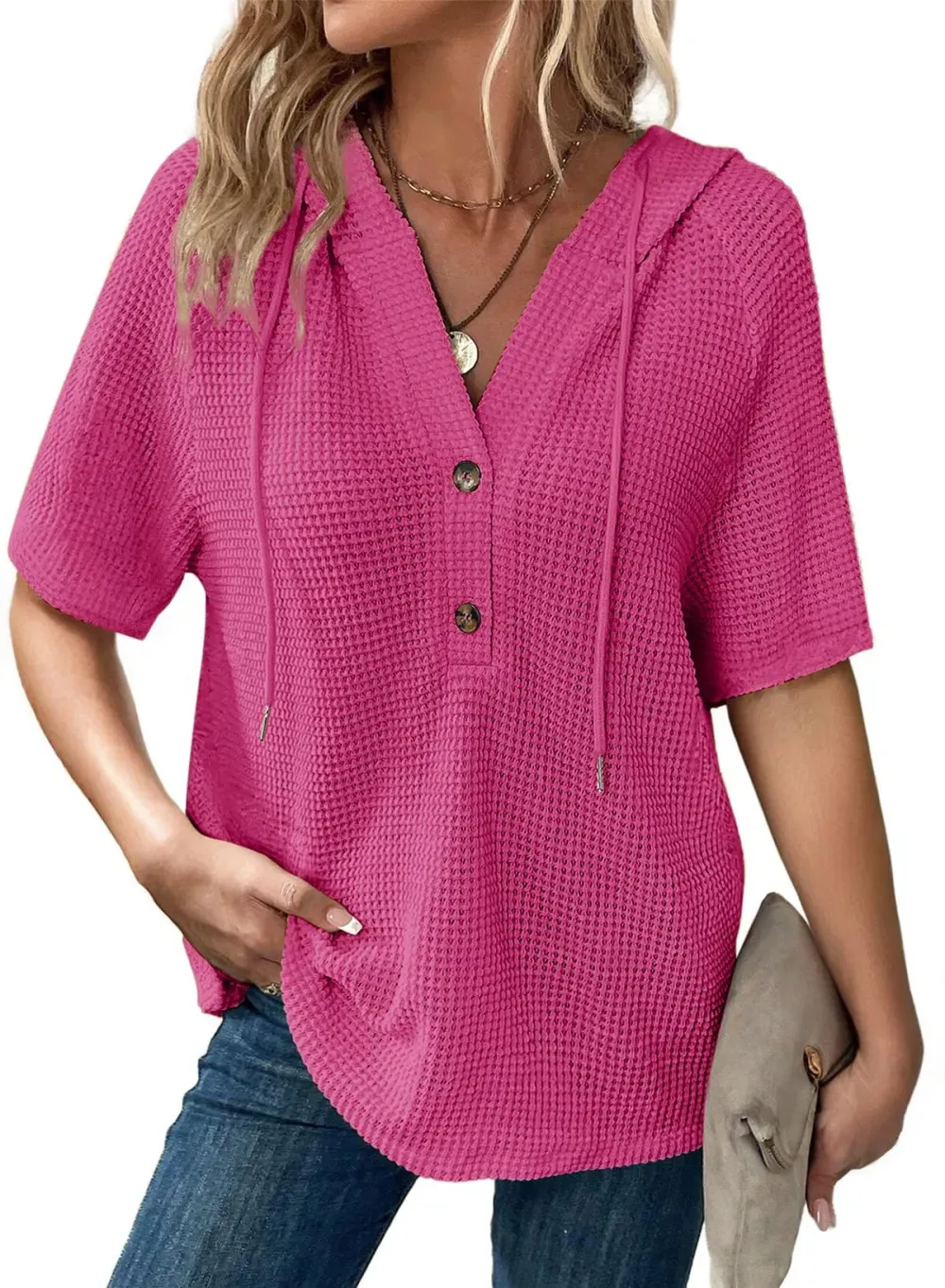 ✨Women's Waffle Knit Button V Neck Short Sleeve Lightweight Drawstring Hoodies(BUY 2 10% off)