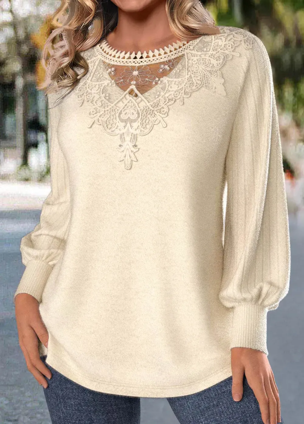 Beige Embroidery Long Sleeve Round Neck T Shirt