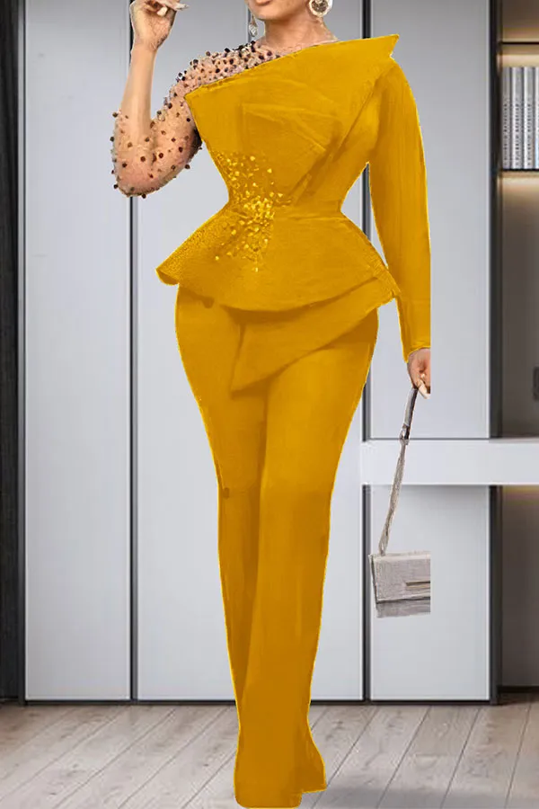 Patchwork Beaded Decor Glamorous Peplum Pant Suit