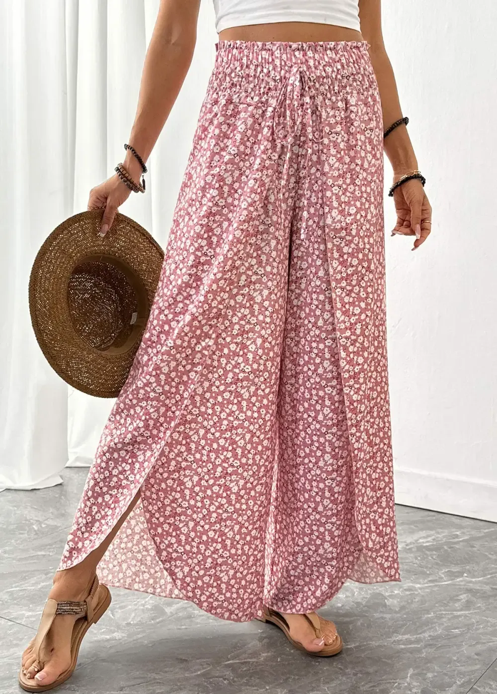 Pink Ditsy Floral Print Wide Leg Elastic Waist Pants