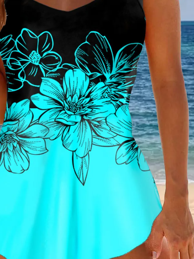 Floral Vacation V Neck Swim Dress