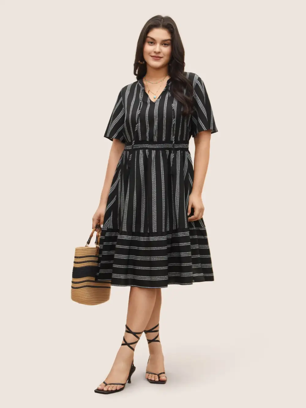 Striped Patchwork Tassels Ties Shirred Dress