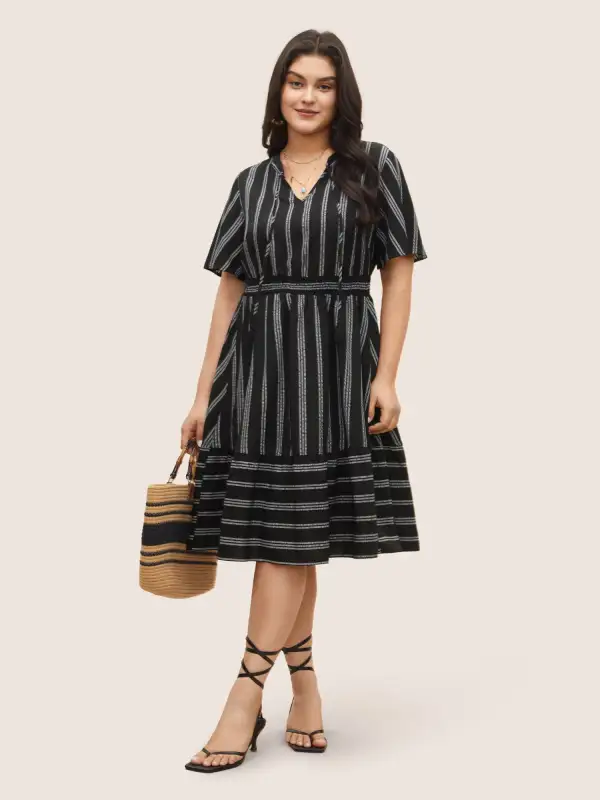 Striped Patchwork Tassels Ties Shirred Dress