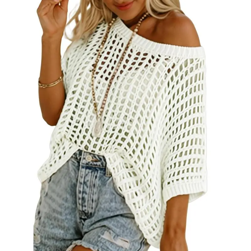 Women's Crochet Knit Short Sleeve Top – Summer Beach Cover-Up