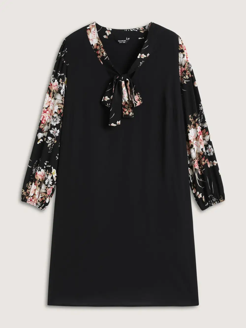 Floral Print Ribbon-Tie Neck Midi Dress