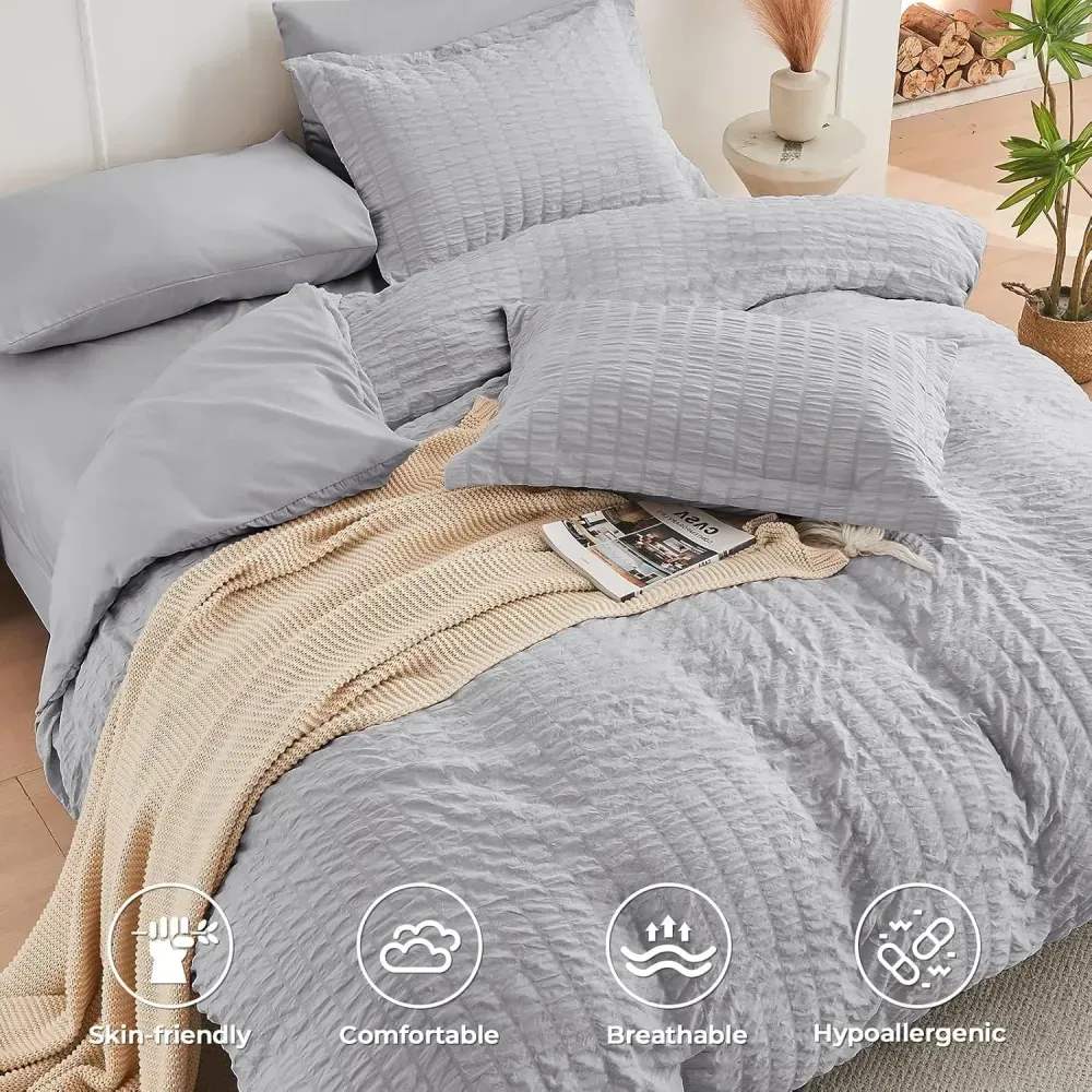 Queen Comforter Set Seersucker 7 Pieces, All Season Luxury Bed in a Bag for Bedroom, Bedding Set with Comforters, Sheets, Pillowcases & Shams, Dark Grey