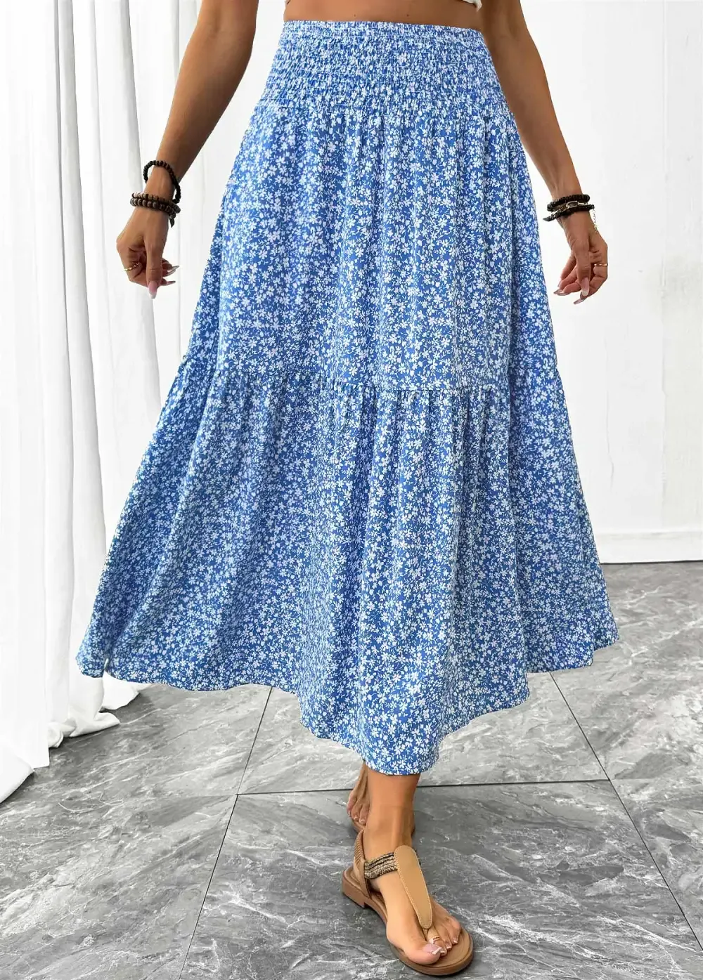 Blue Ditsy Floral Print A Line Elastic Waist Skirt