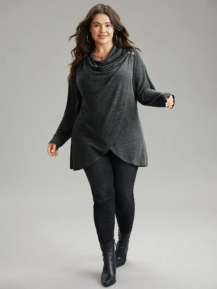 Plain Heather Cowl Neck Button Detail Sweatshirt