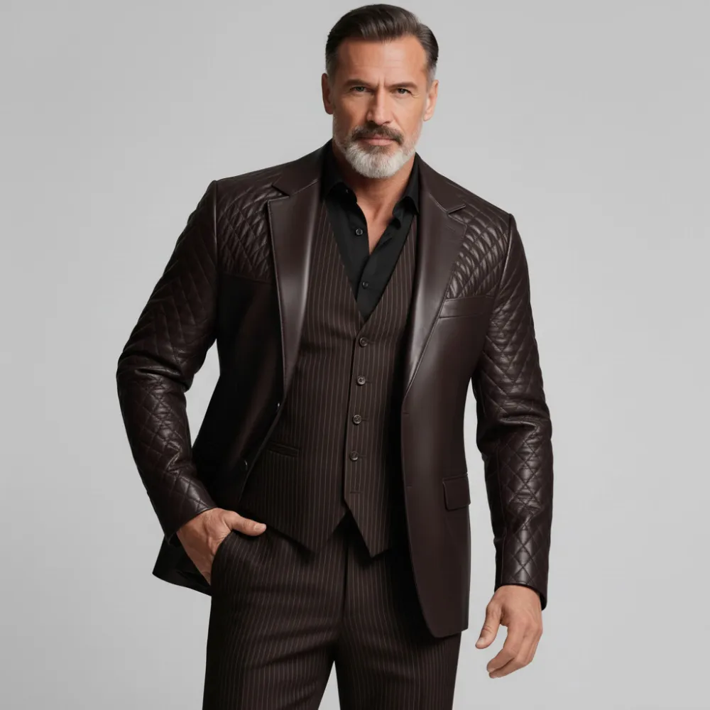 Men's Business Coffee Notch Lapel Quilted Long Sleeve Button PU Leather Blazer