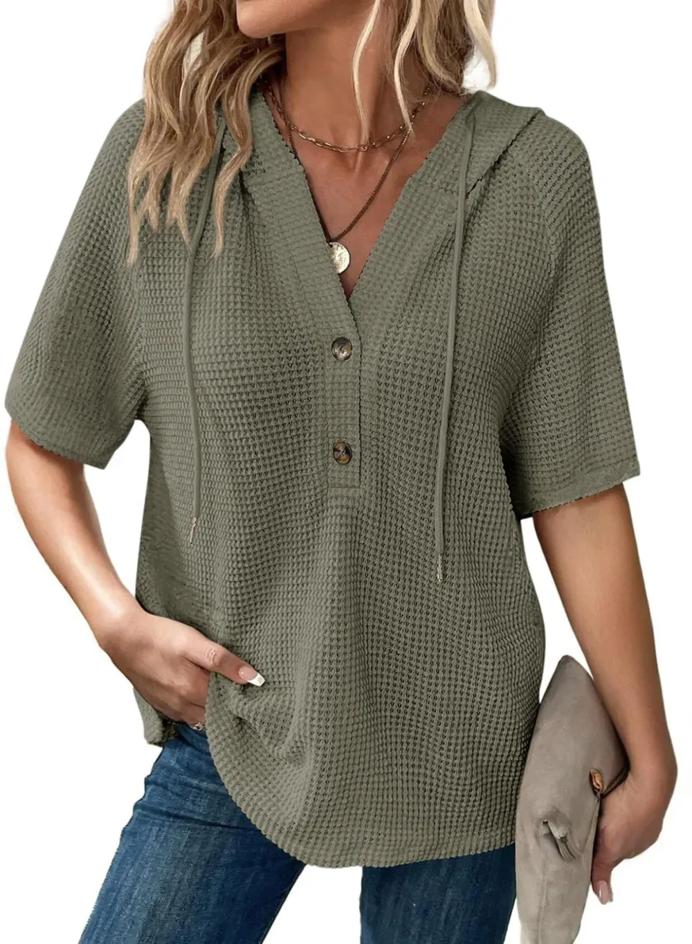 ✨Women's Waffle Knit Button V Neck Short Sleeve Lightweight Drawstring Hoodies(BUY 2 10% off)