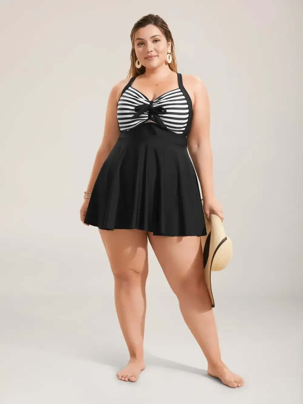 Stripes Patchwork Tie Knot Cross Straps Swim Dress