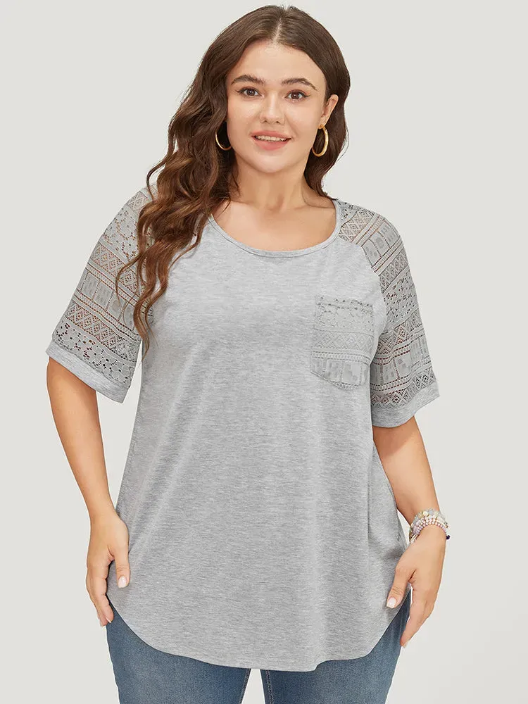 Solid Pocket Contrast Lace Raglan Sleeve Arc Hem T-shirt