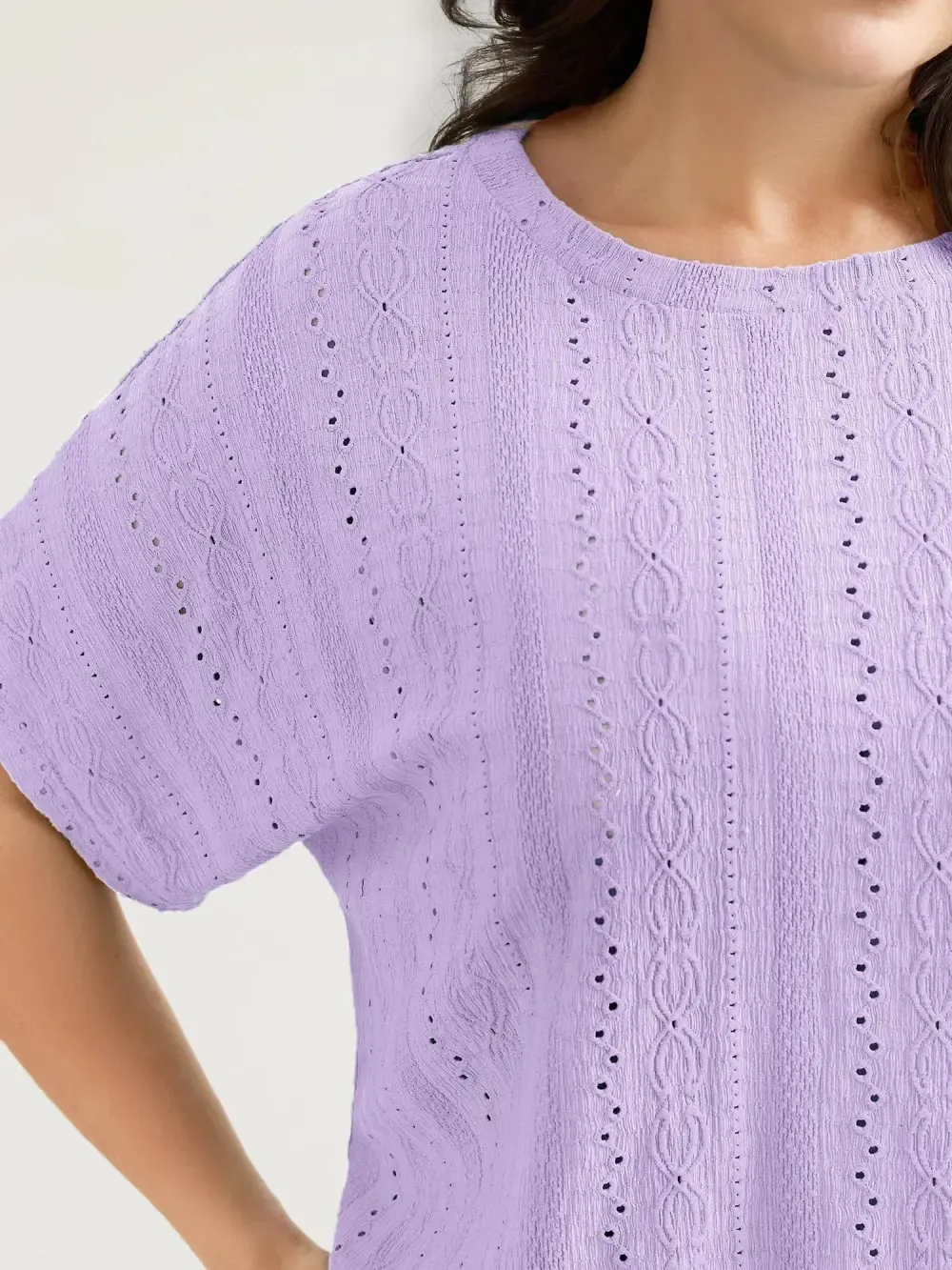 Eyelet Trim Stretchy Textured Plain Top