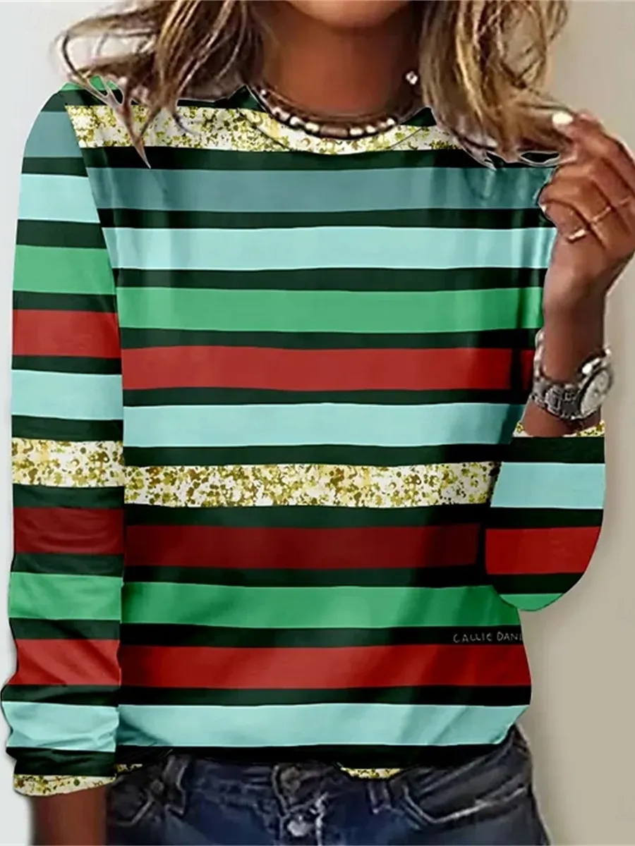 Women's T shirt Crew Neck Long Sleeve Tunic Cat Striped Casual Regular Tops Daily Print Black Green Spring Fall MAO