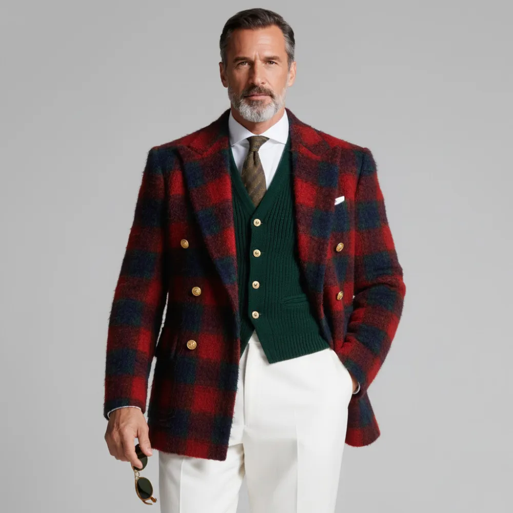 Men's Red Plaid Double Breasted Peak Lapel Textured Long Sleeve Blazer