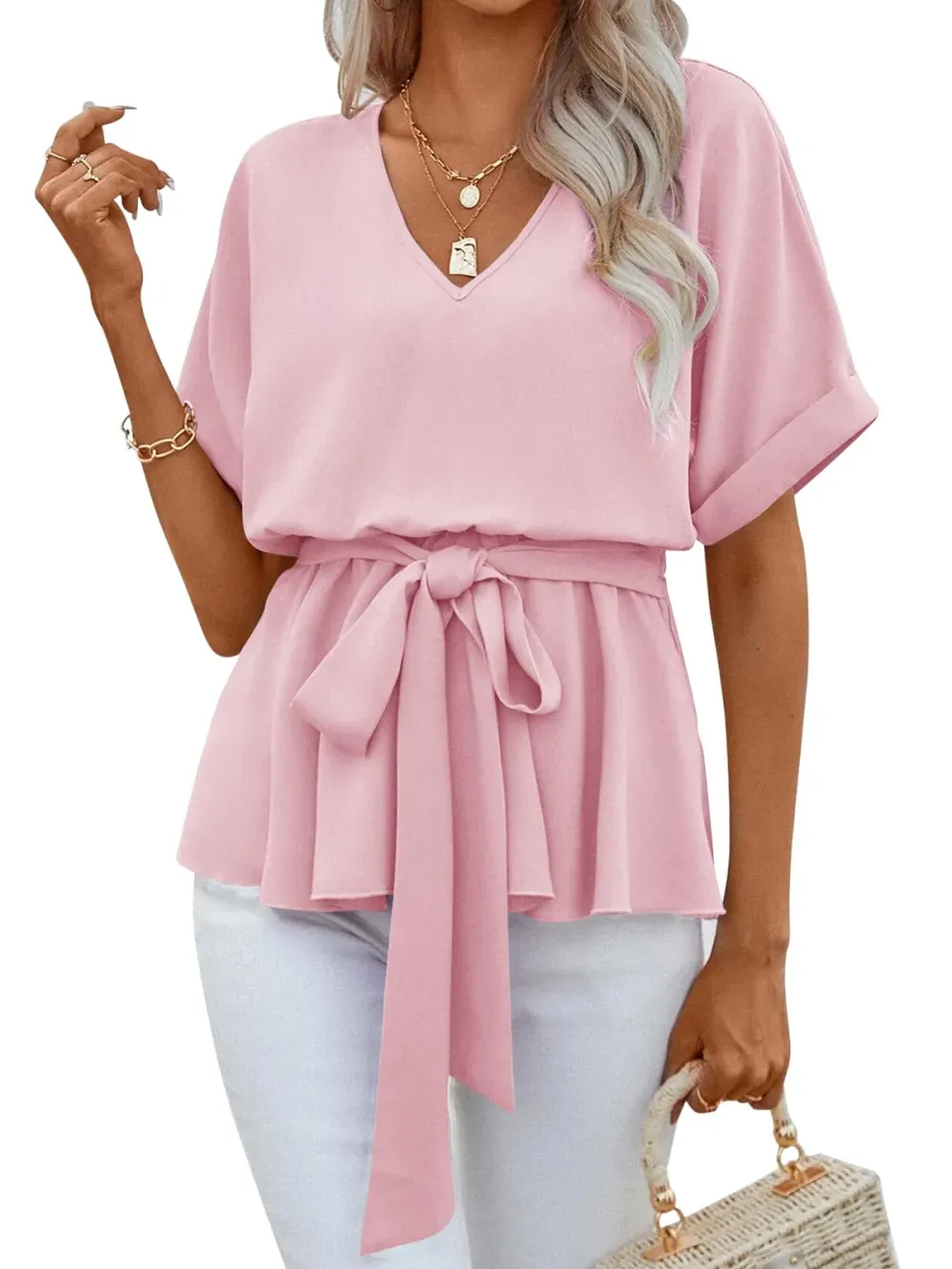 ✨Womens V Neck Blouse Short Sleeve Belted Casual T-Shirts Basic Tee Tops