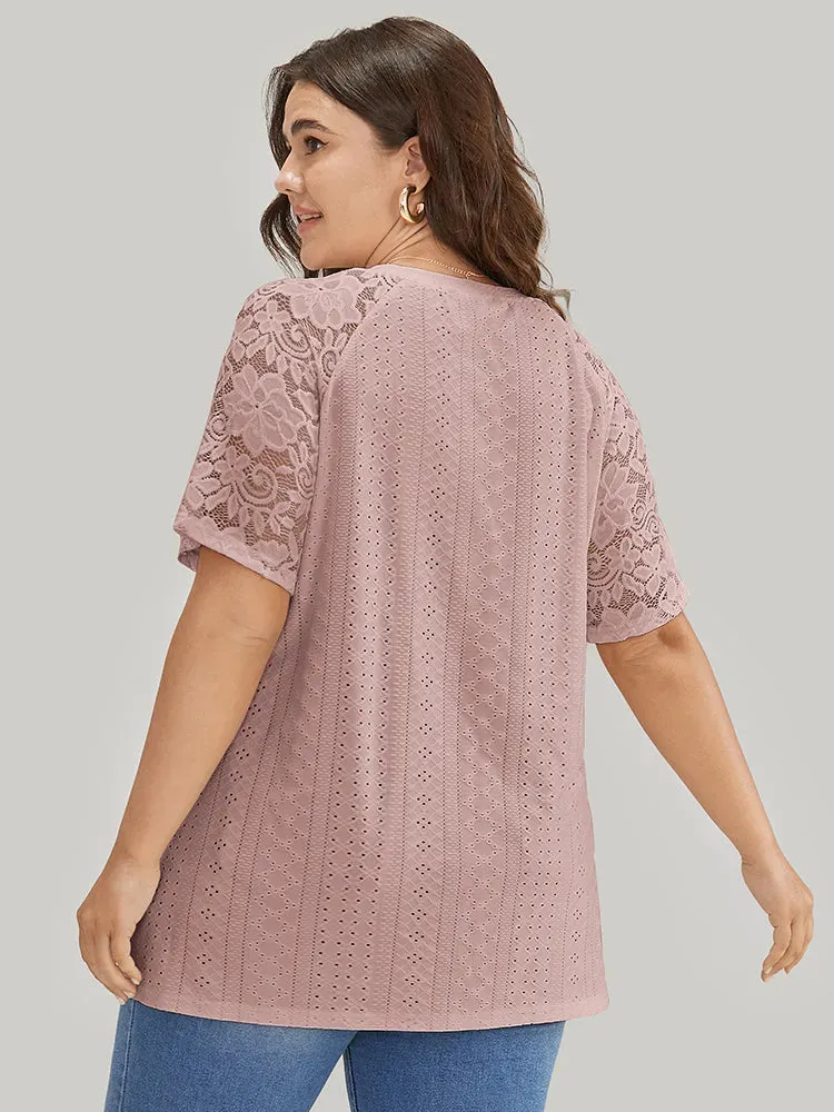 Solid Broderie Anglaise Lace Raglan Sleeve T-shirt