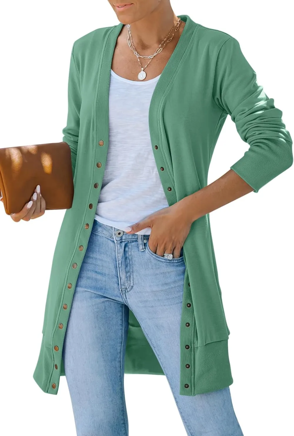 Women's 2024 Fall Long Sleeve Snap Button Down Solid Color Knit Ribbed Neckline Cardigans