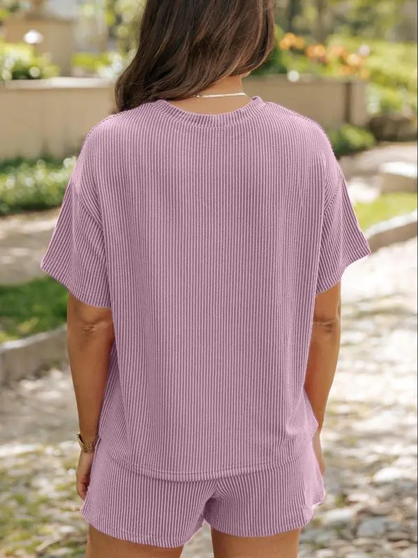 Plus Size Two-Piece Summer Set – Casual Round Neck Short Sleeve Top & Shorts for Women