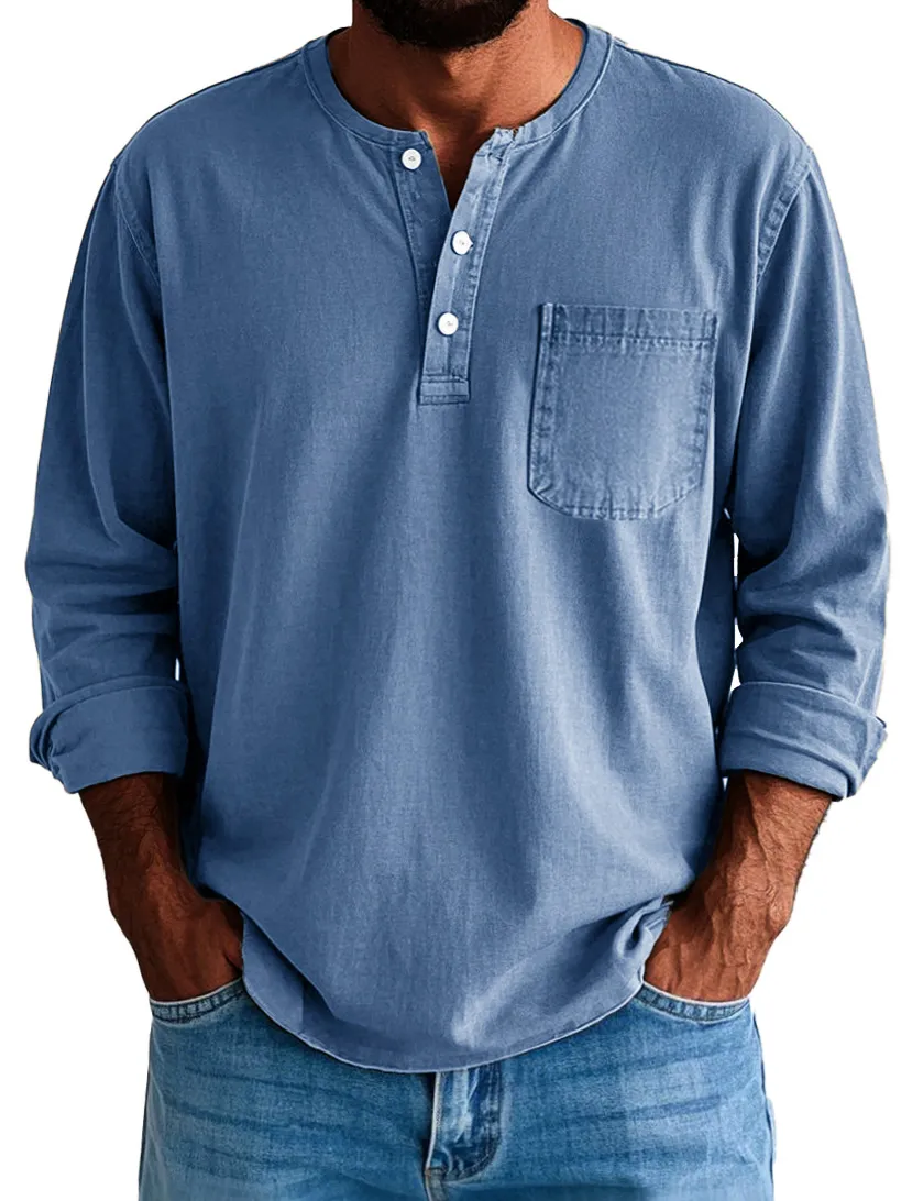 Men's Fashion Vintage Washed Cotton Long Sleeve Pocket Henley Shirt