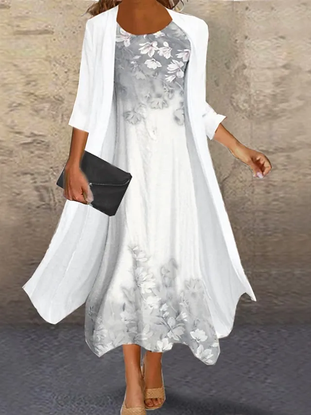 Women‘s Dress Set Two Piece Dress Midi Dress Green Blue Purple Pink White Long Sleeve Floral Ruched Print Summer Spring Fall Crew Neck Elegant Casual Classic 2023 S M L XL XXL 3XL / Summer Dress