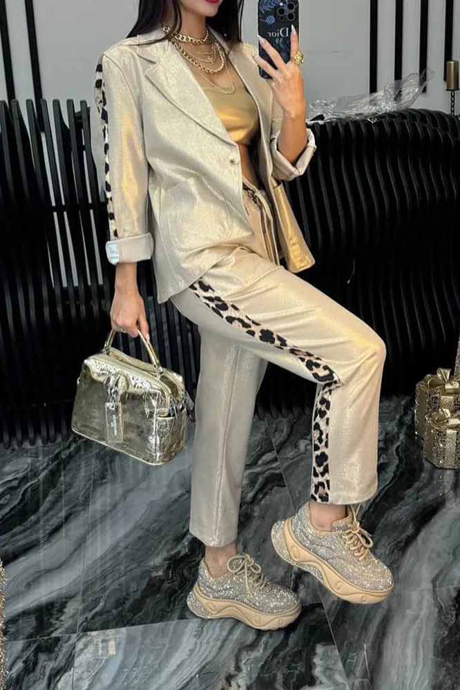 Women's Fashion Solid Color Splicing Leopard Pattern Jacket Pants Two Piece Set