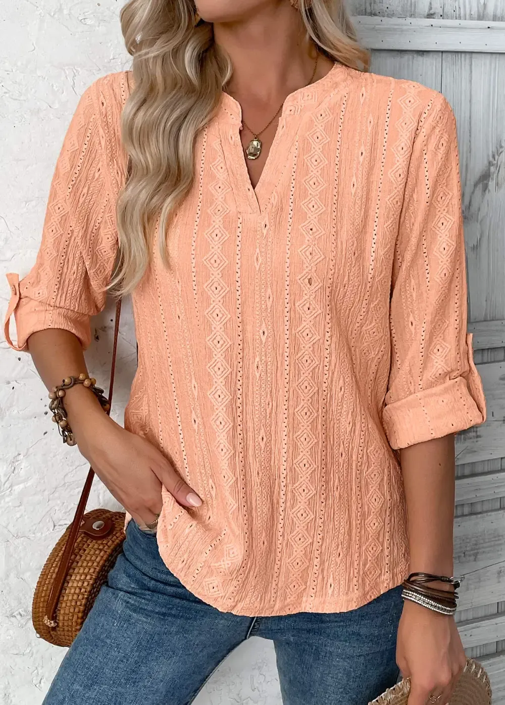 Dusty Pink 3/4 Sleeve Split Neck Blouse