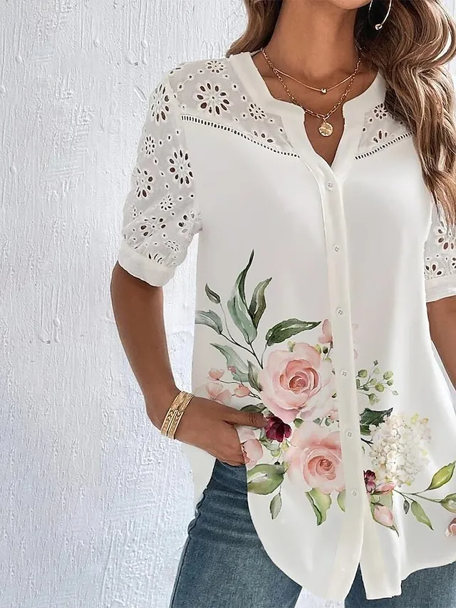 Women's Shirt Blouse White Eyelet Tops Black Pink Red Floral Lace Button Short Sleeve Casual Basic V Neck Regular Floral S