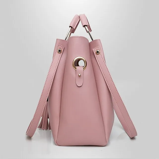 Women's Bag Set PU Leather 3 Pcs Purse Set Shopping Zipper Tassel Black White Pink