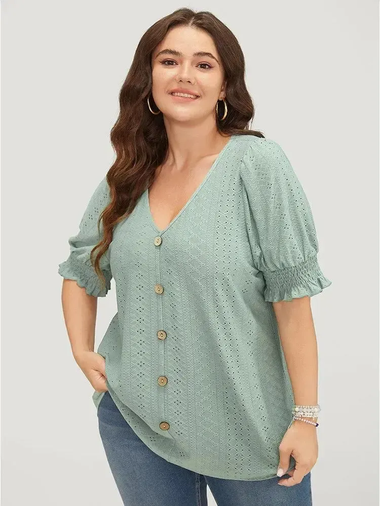 Plain Broderie Anglaise Shirred Puff Sleeve Button Detail T-shirt