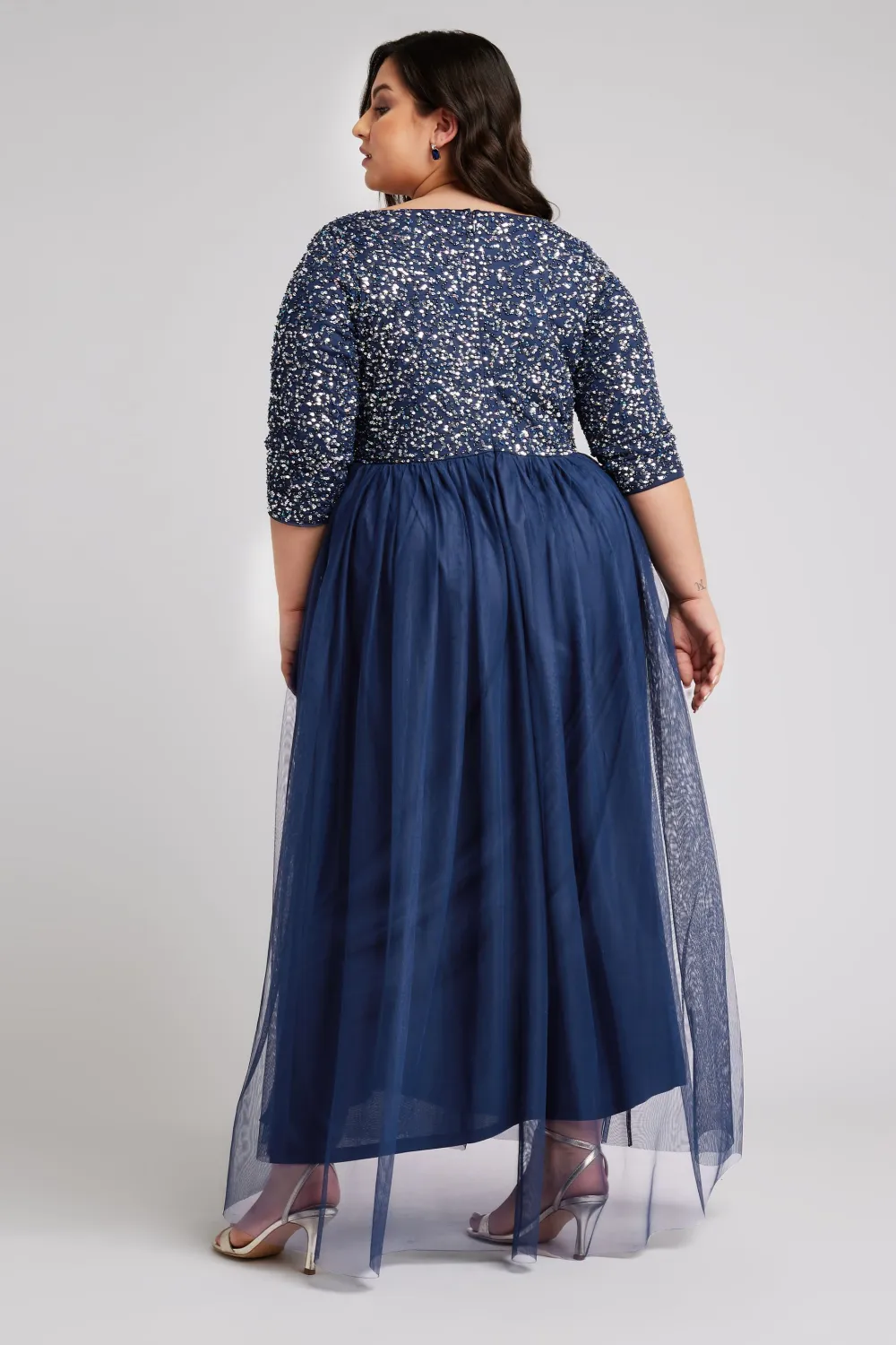LUXE Curve Navy Blue Sequin Hand Embellished Maxi Dress