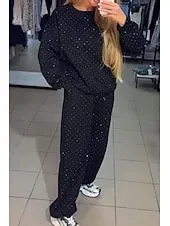 Women's Fashion Streetwear Pants Sets Bolero Top Long Sleeve Crew Neck Solid Color Sequins Outdoor Work Casual Black White Blue Fall Loose Fit