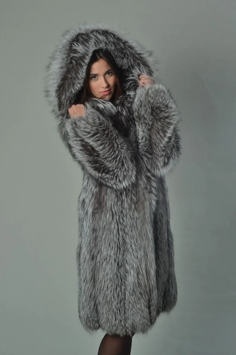 Silver Fox Fur Knee Length Jacket