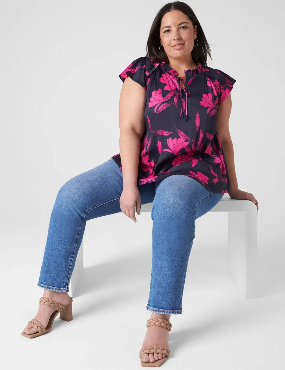 Flutter-Sleeve Woven Satin & Knit Top