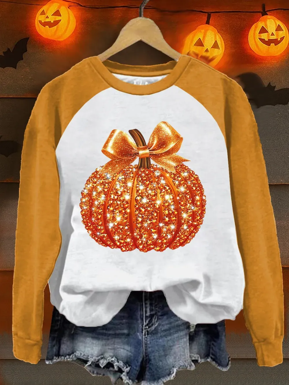 Women'S Retro Autumn Pumpkin Print Raglan Sleeve Sweatshirt