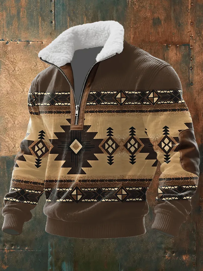 Men's Retro Western Print Knit Fabric Zipper Fur Collar Long Sleeve Sweatshirt